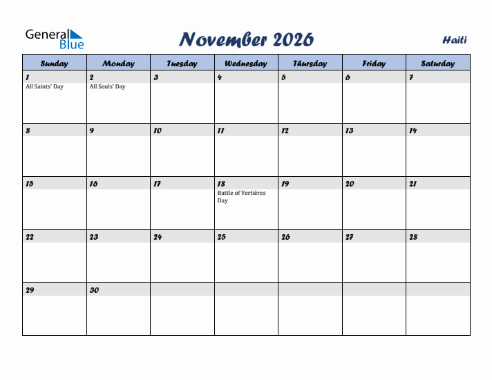 November 2026 Calendar with Holidays in Haiti