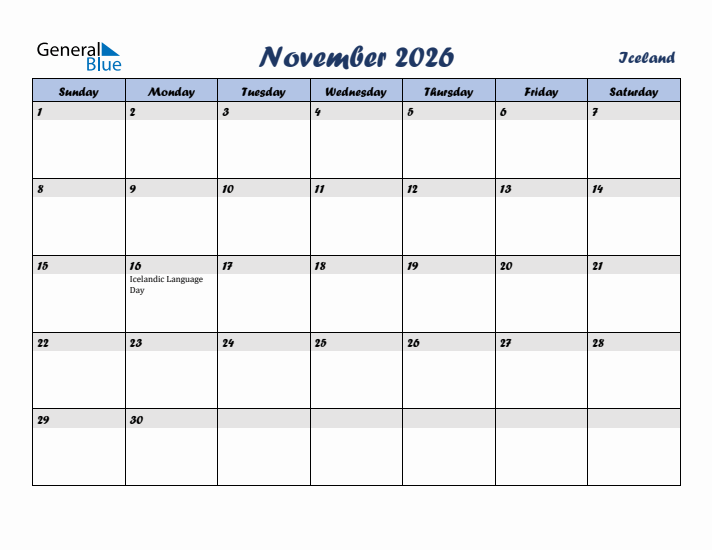 November 2026 Calendar with Holidays in Iceland