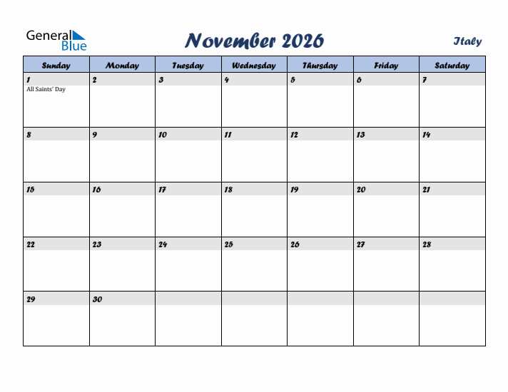 November 2026 Calendar with Holidays in Italy