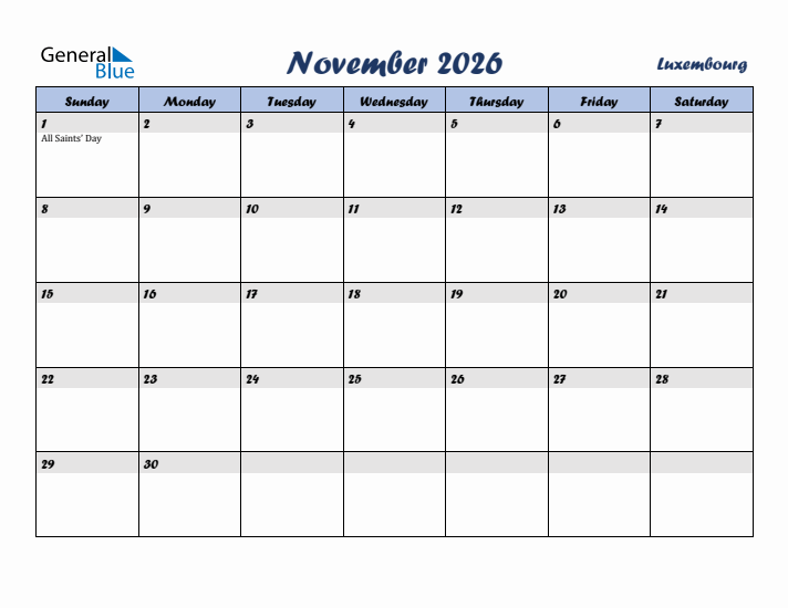 November 2026 Calendar with Holidays in Luxembourg