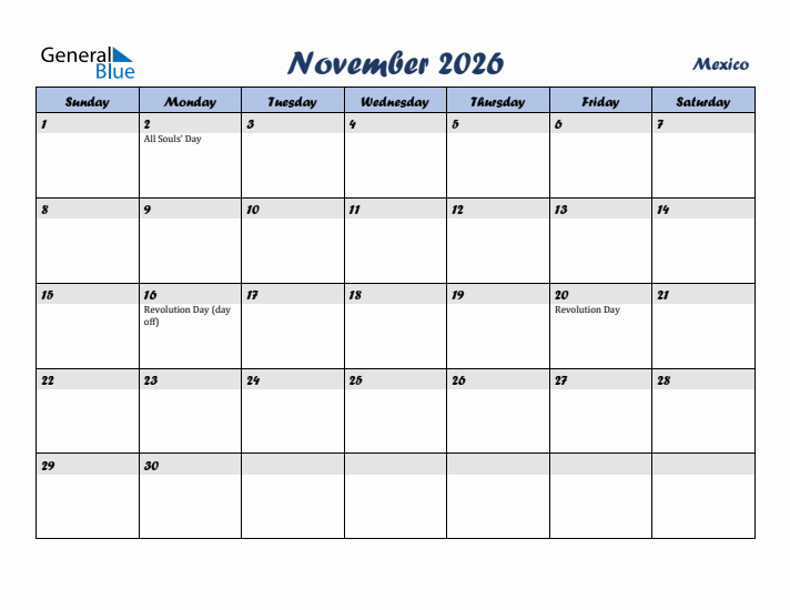 November 2026 Calendar with Holidays in Mexico