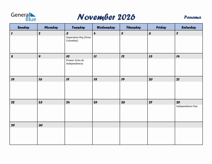 November 2026 Calendar with Holidays in Panama