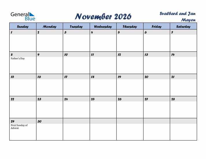 November 2026 Calendar with Holidays in Svalbard and Jan Mayen