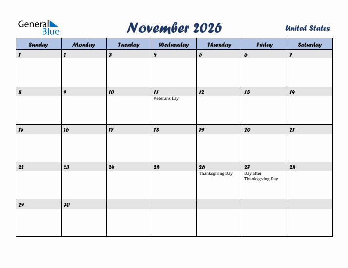 November 2026 Calendar with Holidays in United States