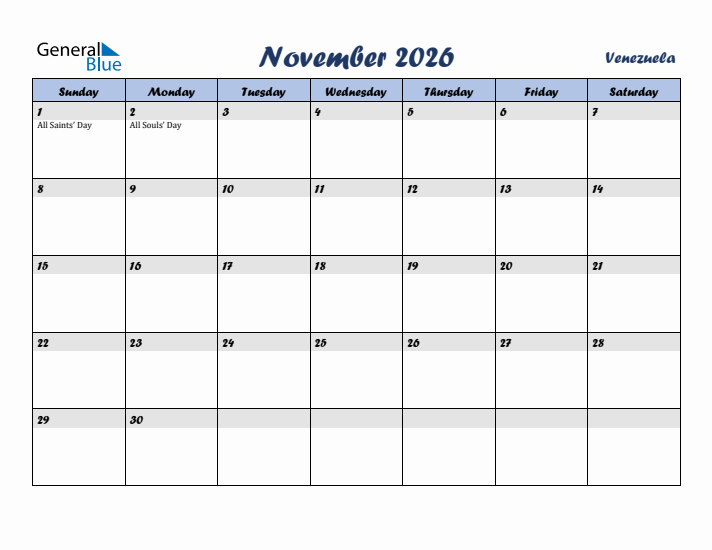 November 2026 Calendar with Holidays in Venezuela