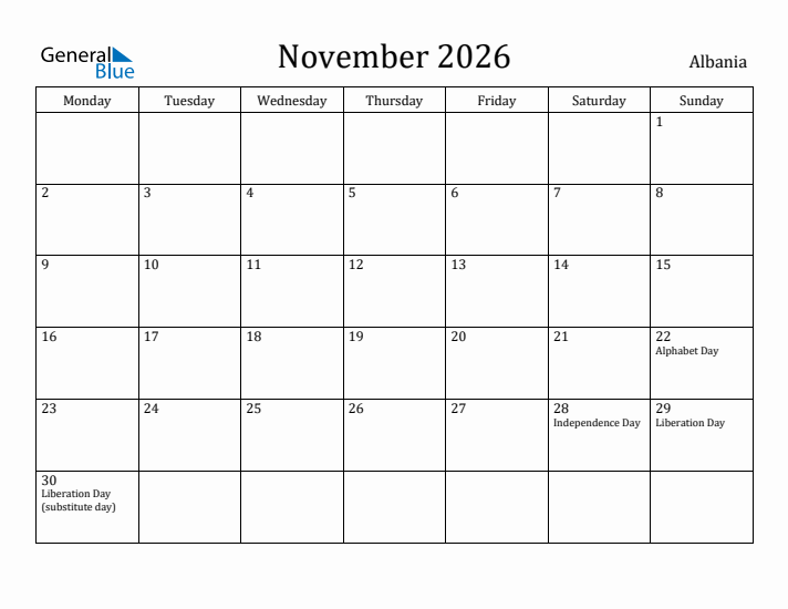 November 2026 Calendar Albania