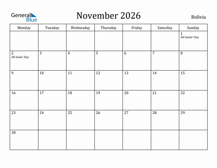 November 2026 Calendar Bolivia