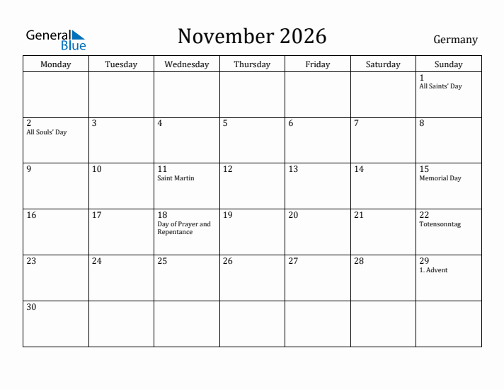 November 2026 Calendar Germany