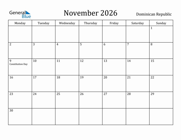 November 2026 Calendar Dominican Republic