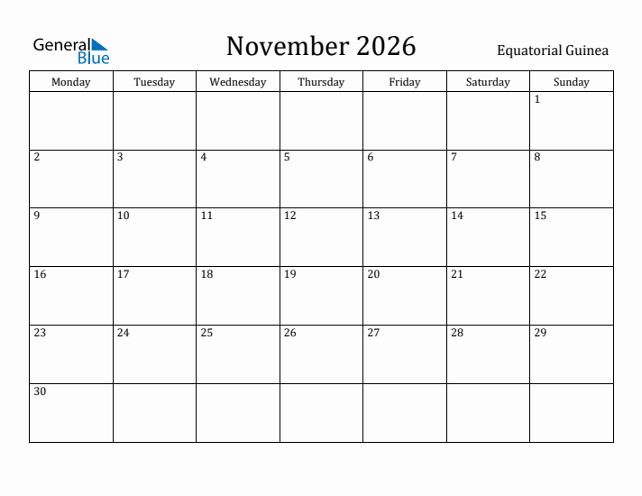 November 2026 Calendar Equatorial Guinea