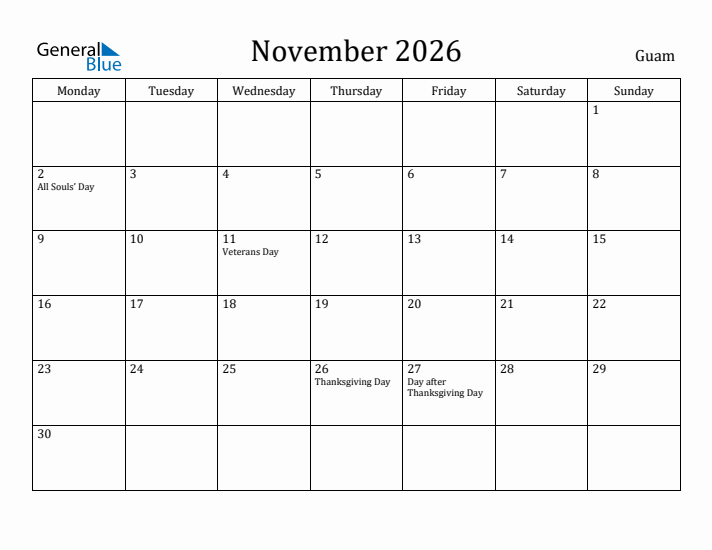 November 2026 Calendar Guam