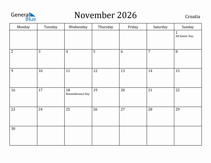 November 2026 Calendar Croatia
