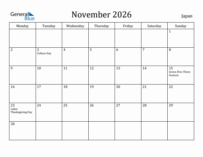 November 2026 Calendar Japan