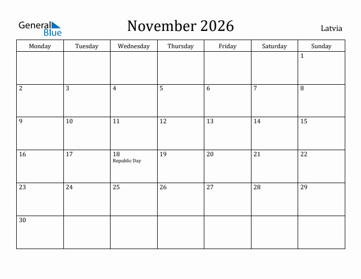 November 2026 Calendar Latvia