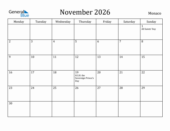 November 2026 Calendar Monaco