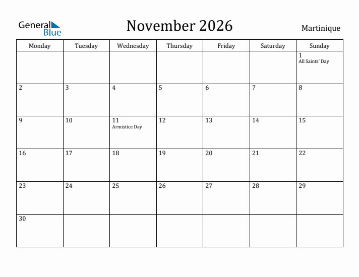 November 2026 Calendar Martinique