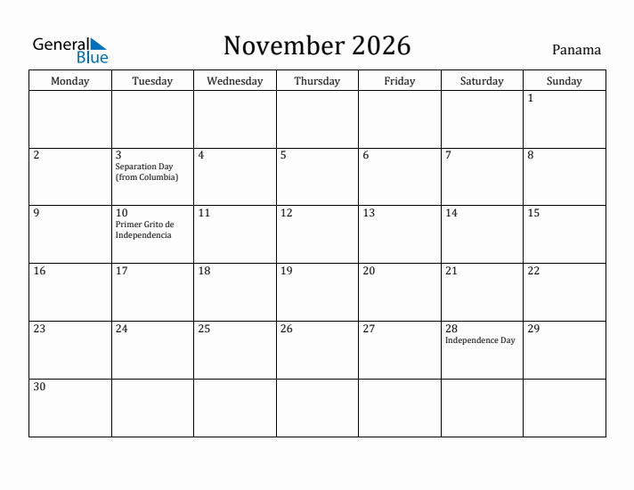 November 2026 Calendar Panama