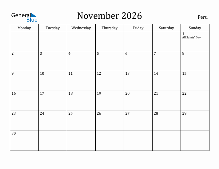 November 2026 Calendar Peru