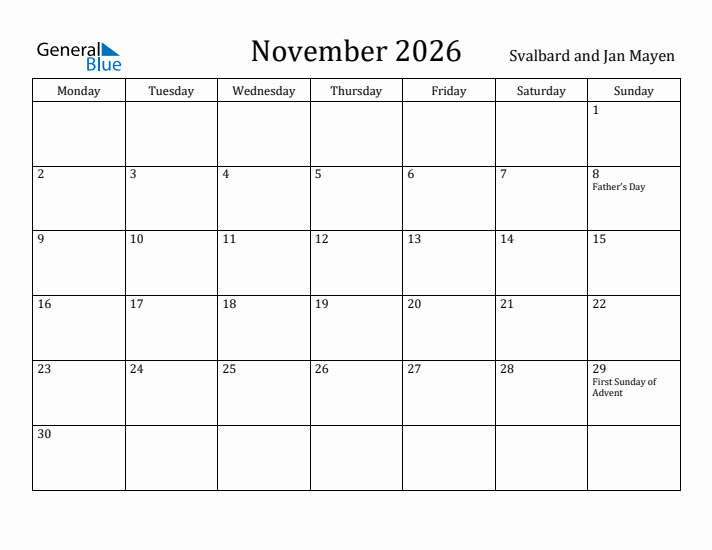 November 2026 Calendar Svalbard and Jan Mayen