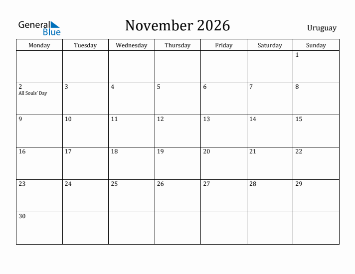 November 2026 Calendar Uruguay