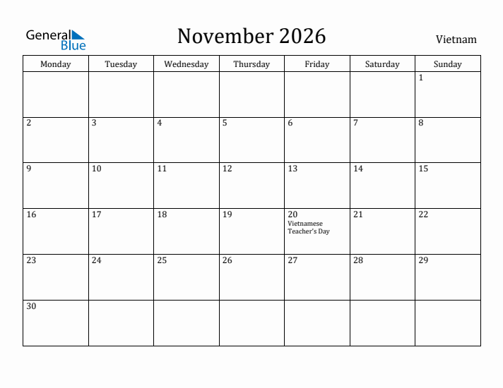 November 2026 Calendar Vietnam