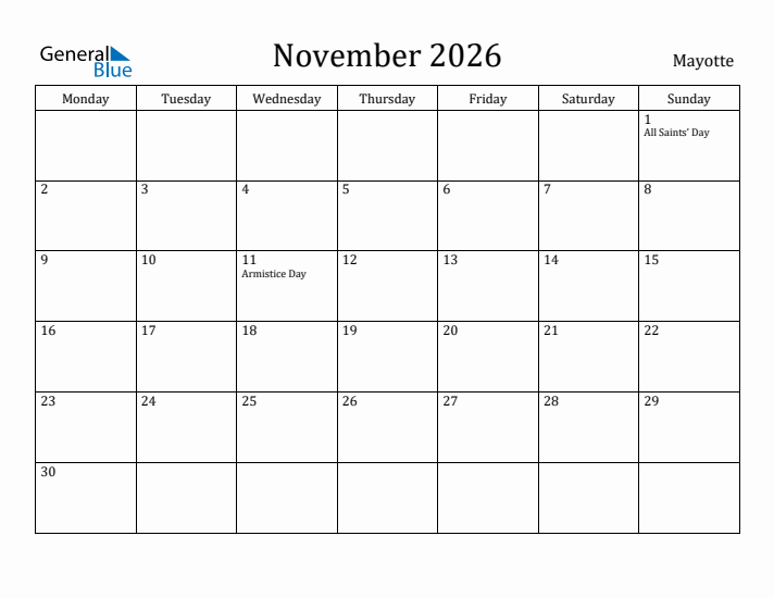November 2026 Calendar Mayotte