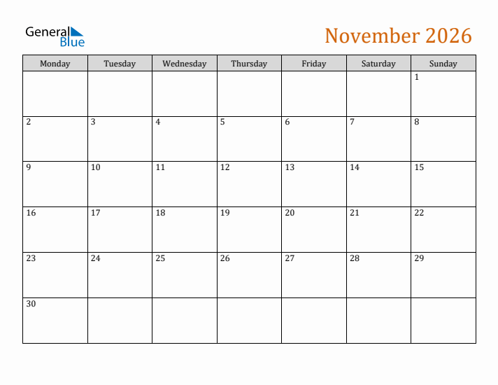Editable November 2026 Calendar