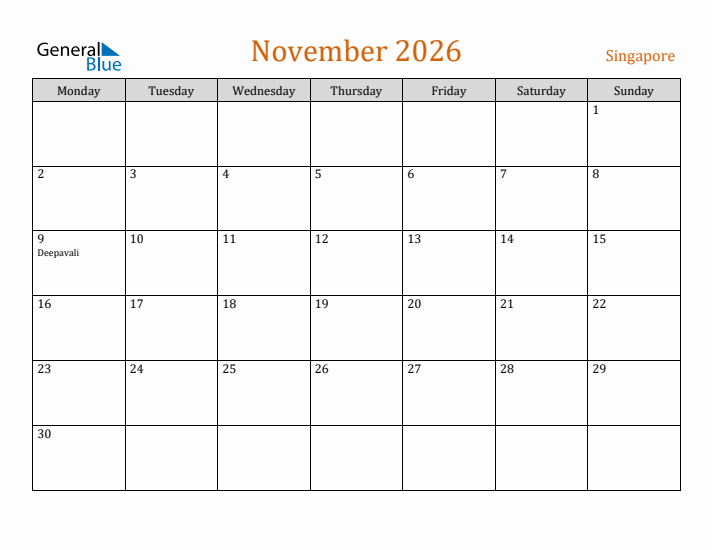 November 2026 Holiday Calendar with Monday Start