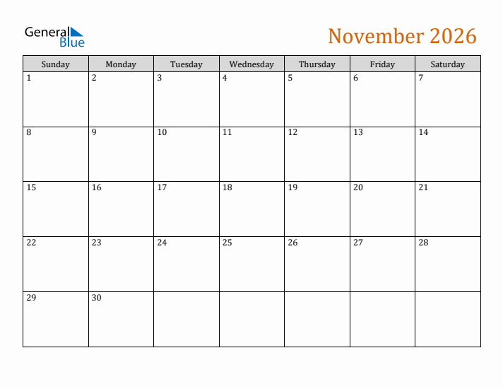 Editable November 2026 Calendar