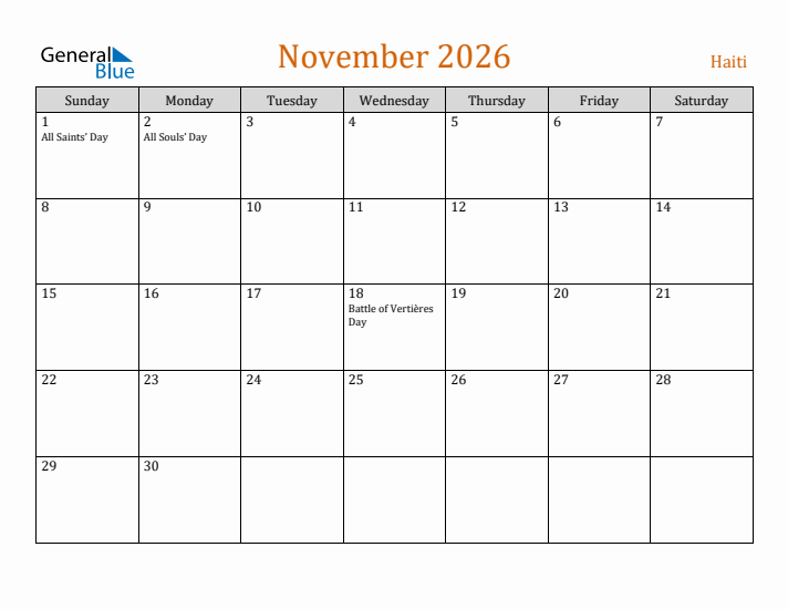 November 2026 Holiday Calendar with Sunday Start