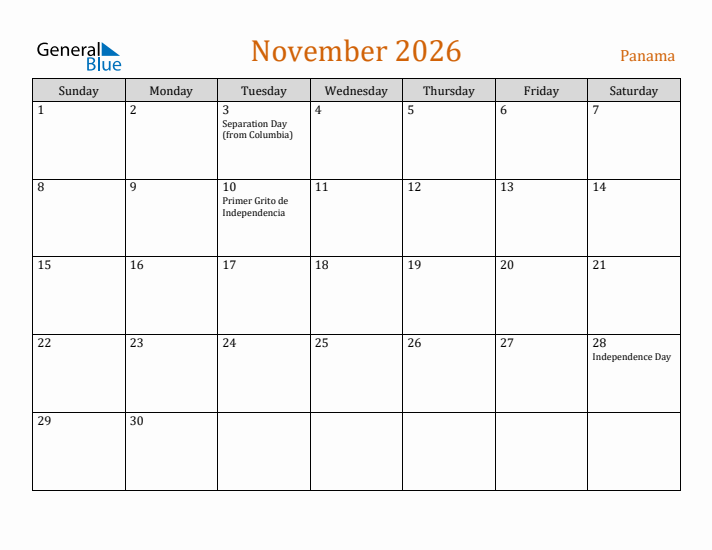 November 2026 Holiday Calendar with Sunday Start