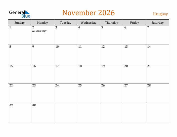 November 2026 Holiday Calendar with Sunday Start