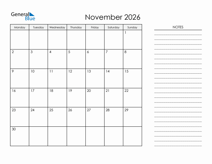 Printable Monthly Calendar with Notes - November 2026