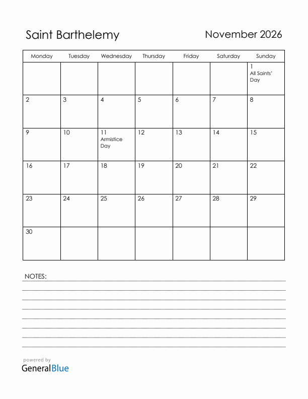 November 2026 Saint Barthelemy Calendar with Holidays (Monday Start)