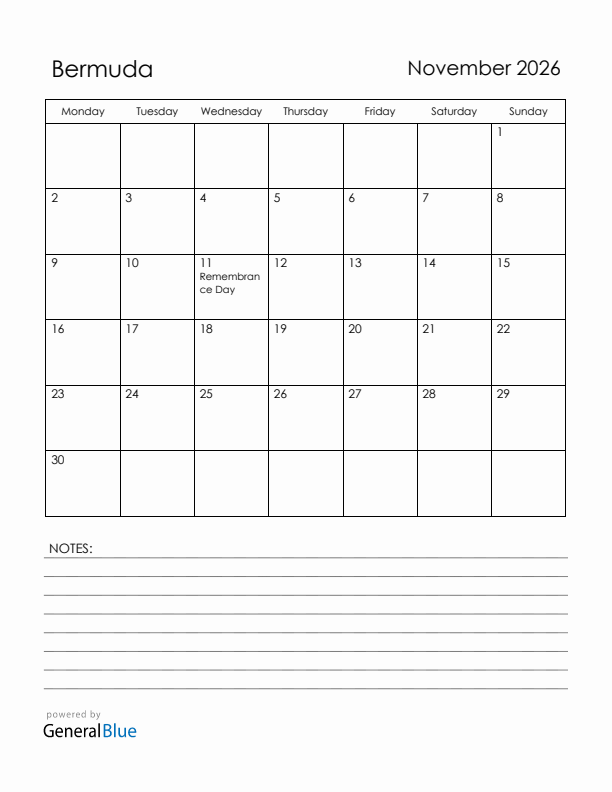 November 2026 Bermuda Calendar with Holidays (Monday Start)