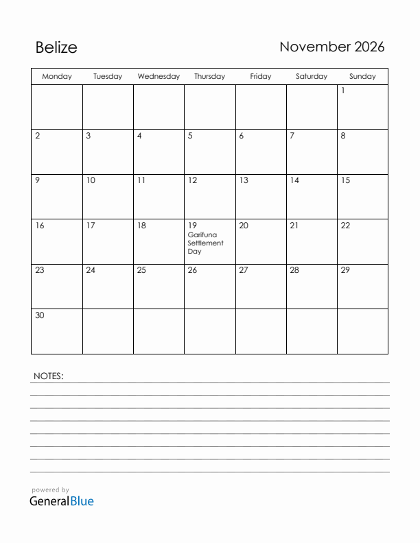 November 2026 Belize Calendar with Holidays (Monday Start)