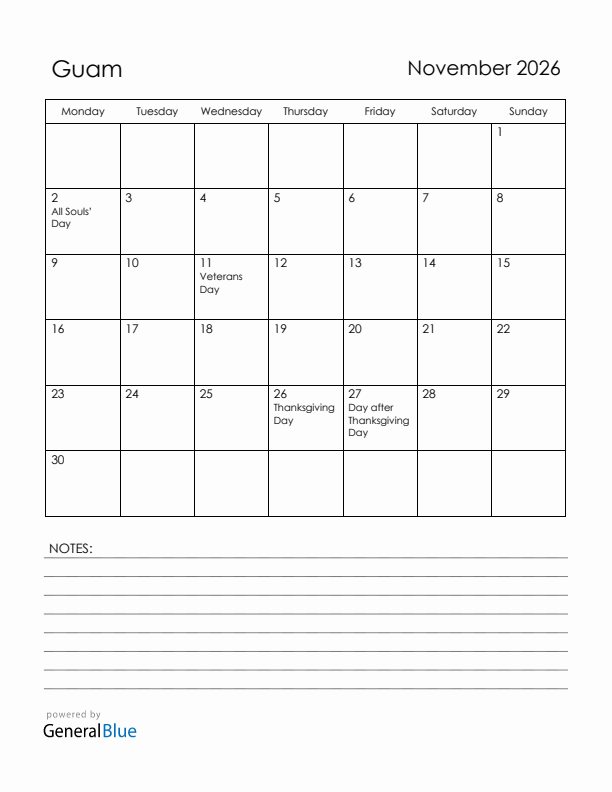 November 2026 Guam Calendar with Holidays (Monday Start)