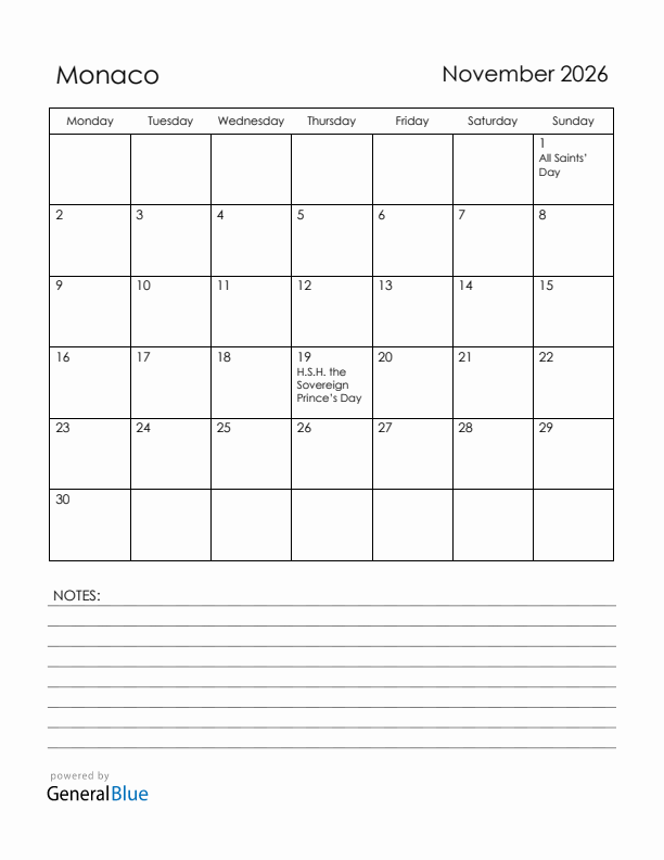 November 2026 Monaco Calendar with Holidays (Monday Start)