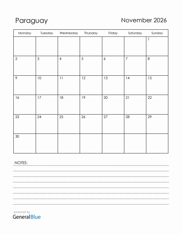 November 2026 Paraguay Calendar with Holidays (Monday Start)