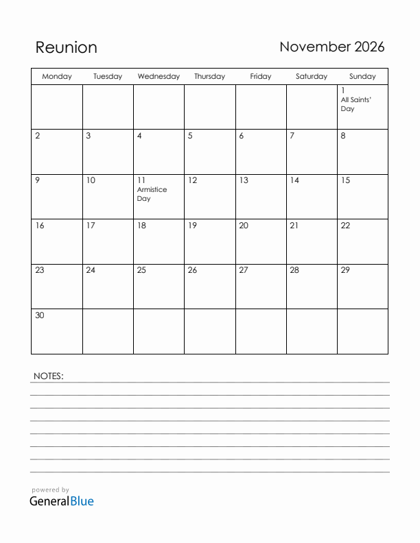 November 2026 Reunion Calendar with Holidays (Monday Start)