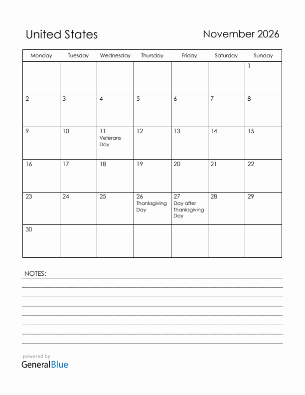 November 2026 United States Calendar with Holidays (Monday Start)