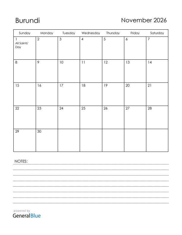 November 2026 Burundi Calendar with Holidays (Sunday Start)