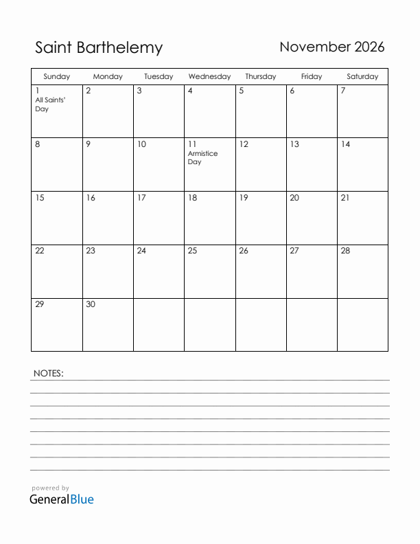 November 2026 Saint Barthelemy Calendar with Holidays (Sunday Start)
