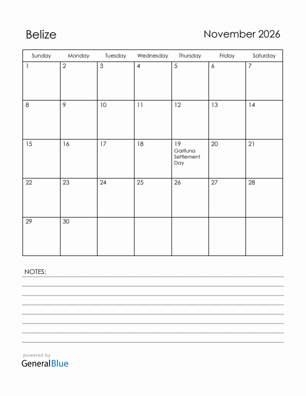 November 2026 Belize Calendar with Holidays (Sunday Start)