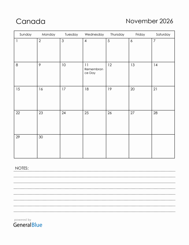 November 2026 Canada Calendar with Holidays (Sunday Start)