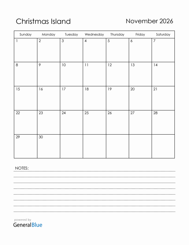 November 2026 Christmas Island Calendar with Holidays (Sunday Start)