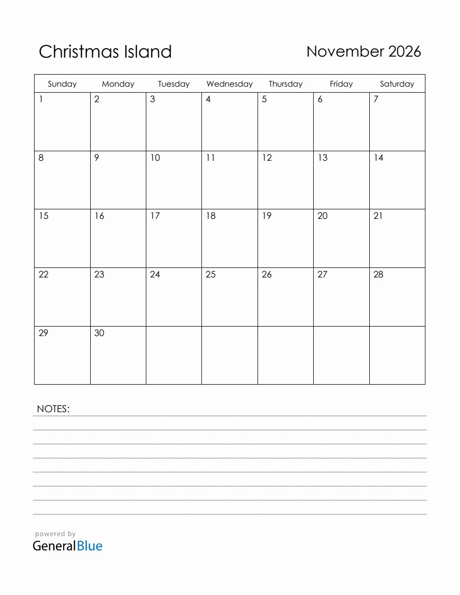 November 2026 Christmas Island Calendar with Holidays