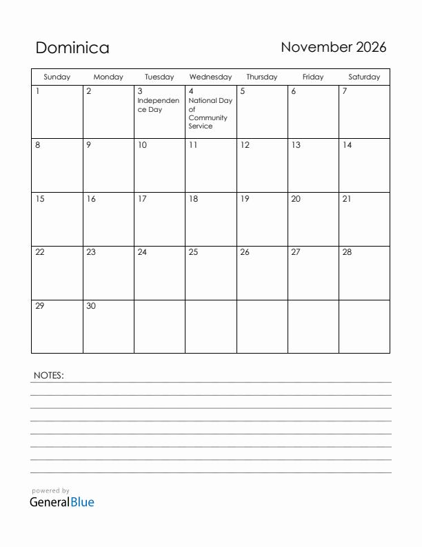 November 2026 Dominica Calendar with Holidays (Sunday Start)