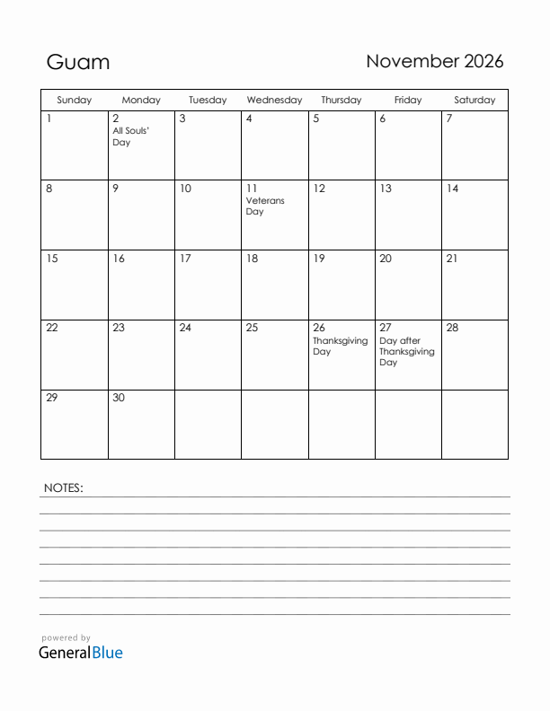 November 2026 Guam Calendar with Holidays (Sunday Start)