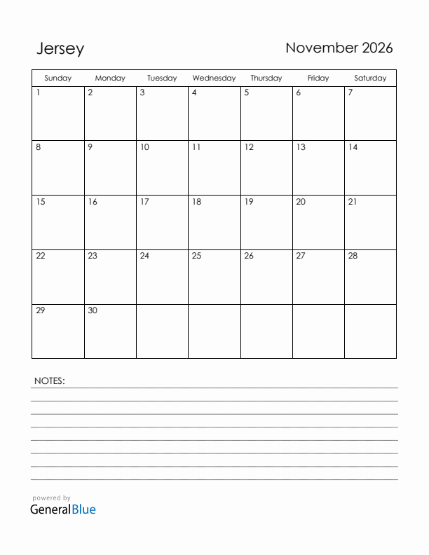 November 2026 Jersey Calendar with Holidays (Sunday Start)